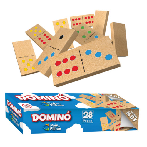 Dominó de Madeira - Cx Papelão Jogo De Domino 28 Pecas Tradicional Pais e Filhos
