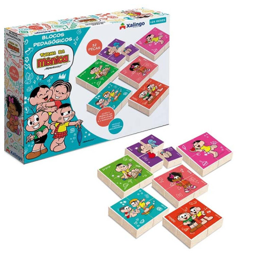 Blocos Pedagógicos Turma da Mônica Quebra-Cabeça de Madeira 32 Peças Xalingo Blocos