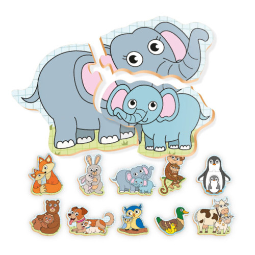 Quebra-Cabeça Mamãe e Filhote Jogo Educativo De Madeira Associação De Animais 20 Peças