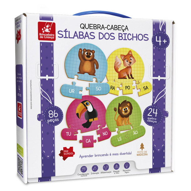Quebra-Cabeça Sílabas dos Bichos Educativo Em Madeira 24 Peças