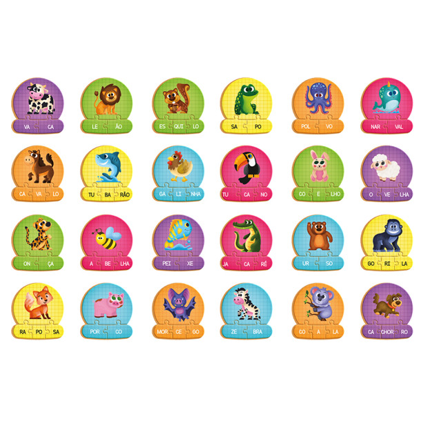 Quebra-Cabeça Sílabas dos Bichos Educativo Em Madeira 24 Peças