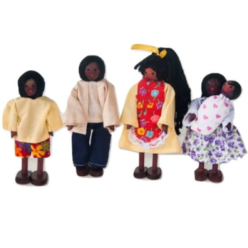 Kit Bonecos Familia Negra de Madeira Completa com Bebe Articulada