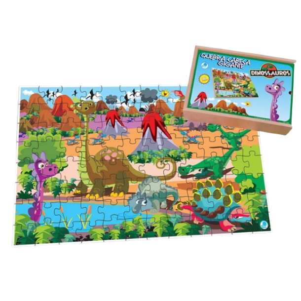 Quebra-Cabeça Gigante Dinossauros 96 pçs Madeira MDF Simque Estojo