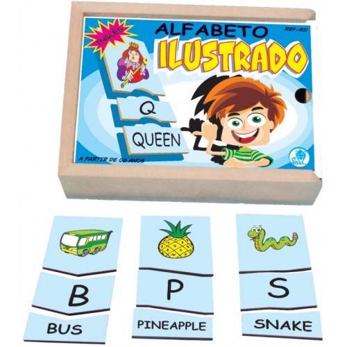 Alfabeto Ilustrado em Inglês Quebra-Cabeça MDF - Simque | Jogo Educativo Vocabulário 26 Palavras