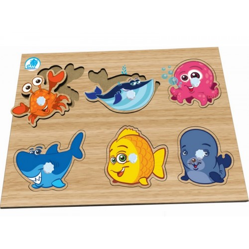 Quebra-Cabeça Pinos Animais Aquáticos Madeira Simque Educativo