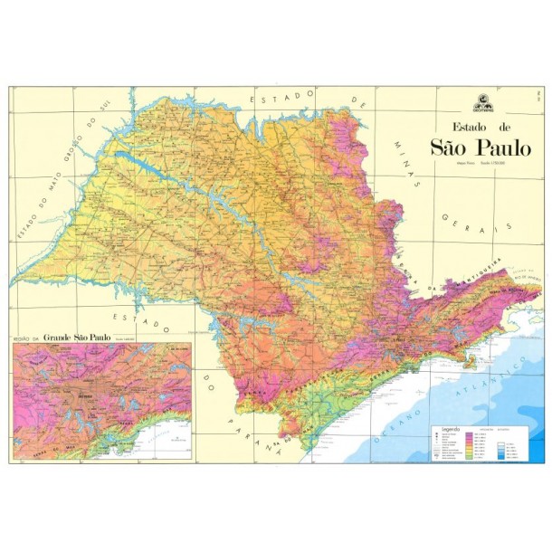 Mapa Estado de São Paulo Físico c/ Canudo