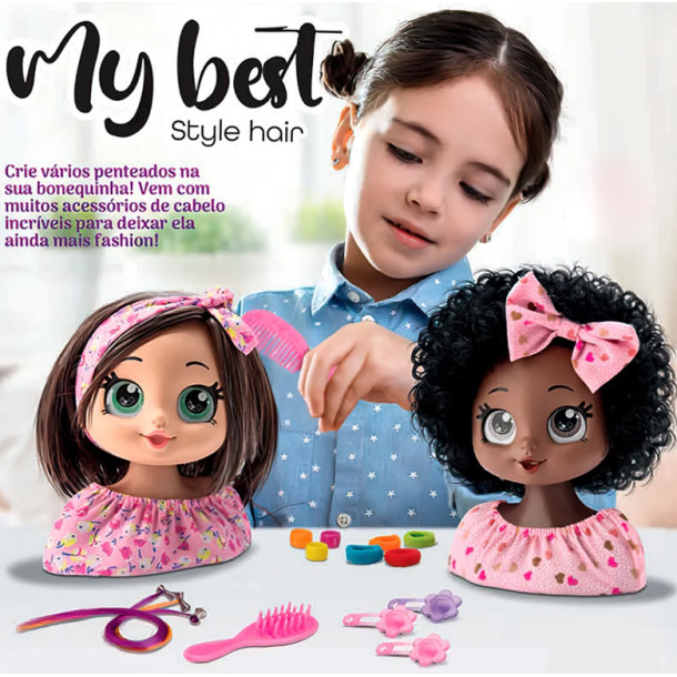 Boneca My Style Hair Negra Busto Bee Toys Com Acessorios