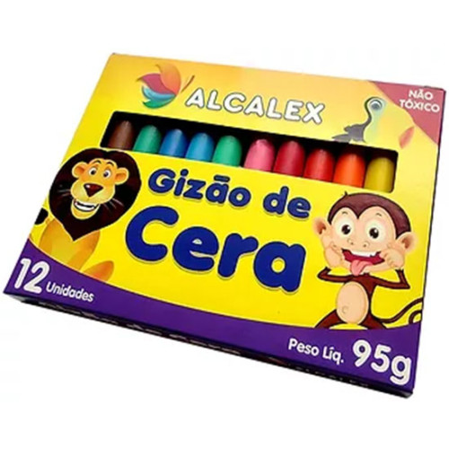 Giz de Cera Grosso 12 Cores Alcalex Escolar Atoxico Gizão