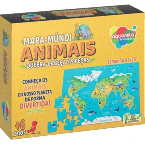 Quebra-Cabeça 119 pçs Mapa Mundi Animais Educativo Infantil Aquarela