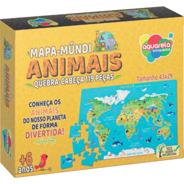 Quebra-Cabeça 119 pçs Mapa Mundi Animais Educativo Infantil Aquarela