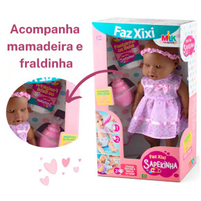 Boneca Sapekinha Faz Xixi Negra Com Mamadeira E Fralda