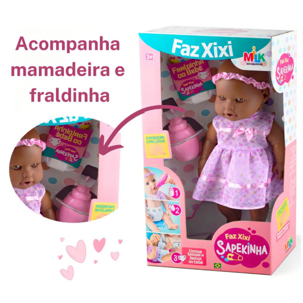 Boneca Sapekinha Faz Xixi Negra Com Mamadeira E Fralda