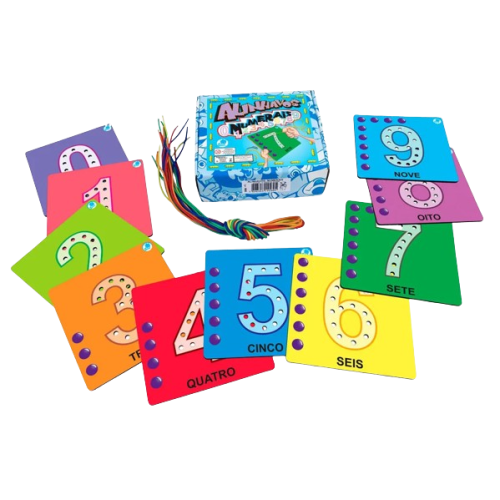 Alinhavos Numerais Jogo 10 Placas em Madeira MDF com Cadarços Educativo
