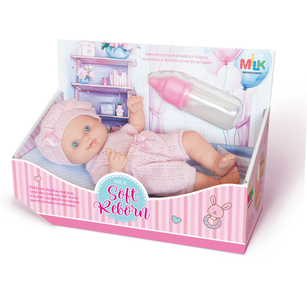 Boneca Milk Soft Reborn Branca Com Mamadeira Mágica Nova Toys
