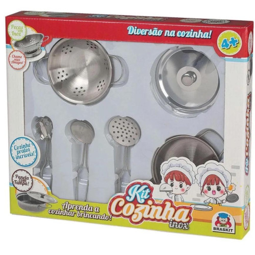 Kit Cozinha Inox - Escorredor Infantil Braskit Panela E Utensilios Realista